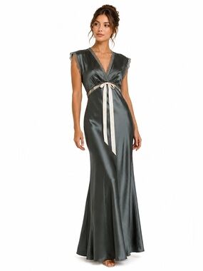 Satin Maxi Slip Dress Smoky Green Grey Long Lace Trim Empire Waist NWT Small
